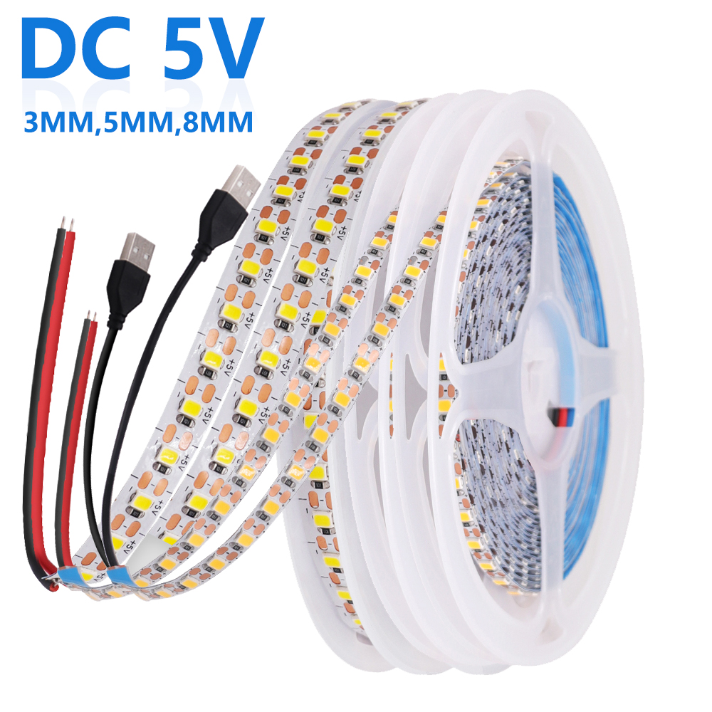 Bande LED USB haute luminosité, 3MM, 5MM, 8MM, 5V, 2835, 120 diodes/m, ruban LED Flexible, corde lumineuse pour cuisine, chambre à coucher, décoration murale