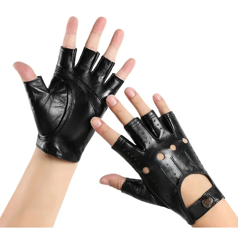 Men Half Finger Genuine Leather Gloves Sheepskin Leather Gloves Outdoor Cycling Driving Motorcycle Gloves Fingerless Gym Mittens