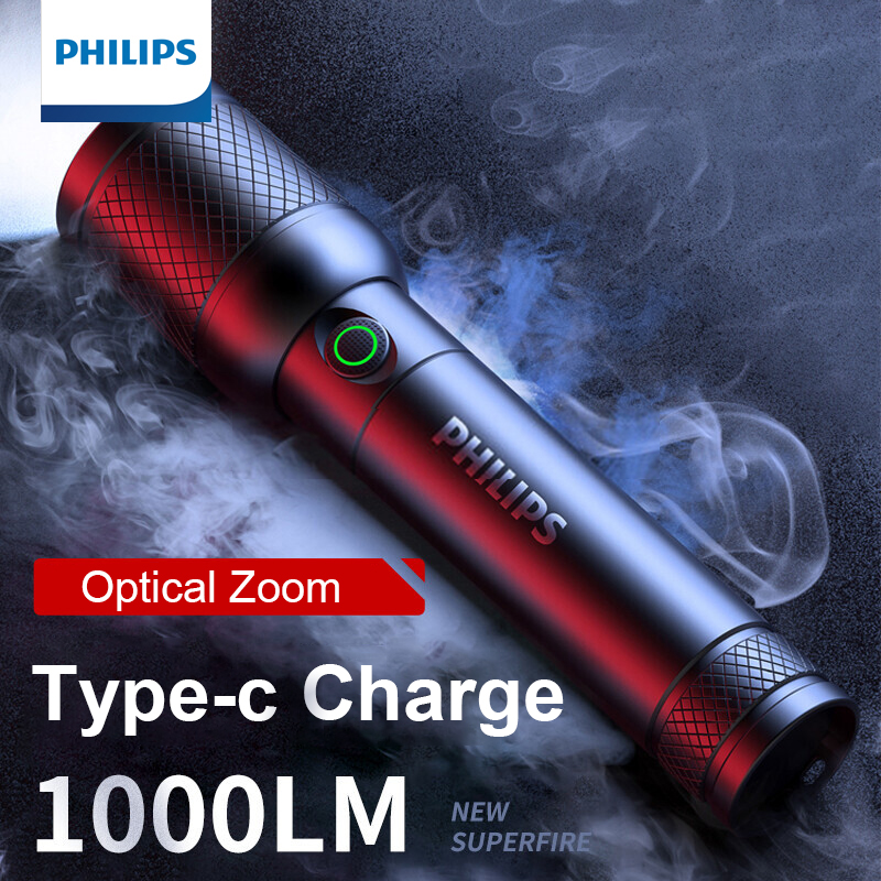 Philips Taschenlampe mit optischem Zoom, tragbare Taschenlampe mit 4 Beleuchtungsmodi, USB C, wiederaufladbar, für Selbstverteidigungscamping