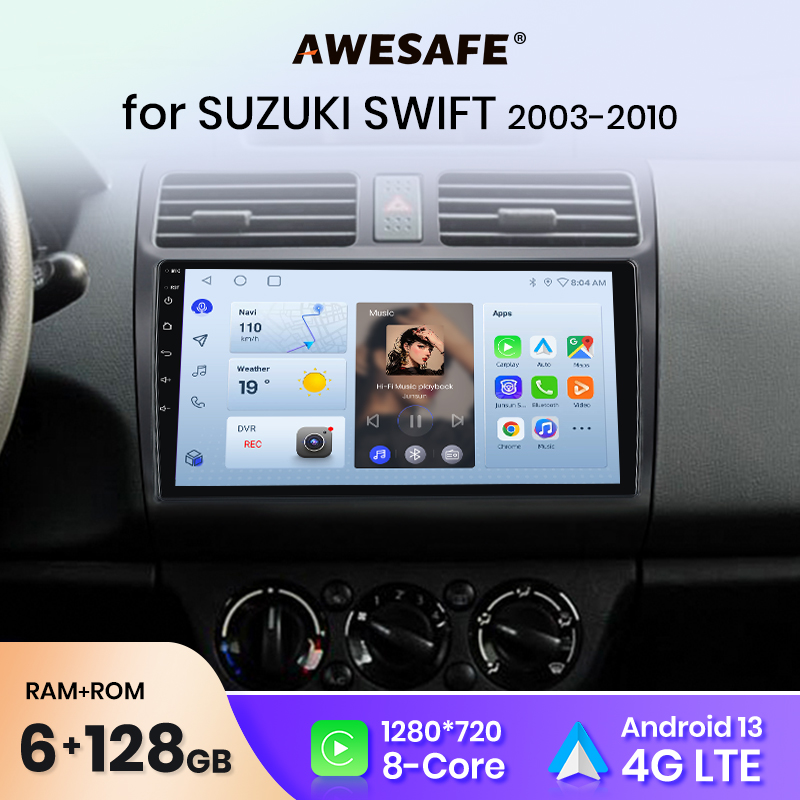 AWESAFE Bezprzewodowe radio samochodowe CarPlay Android Auto do SUZUKI SWIFT 2003-2010 GPS Navi SWC FM BT Plug and Play DSP Stereo