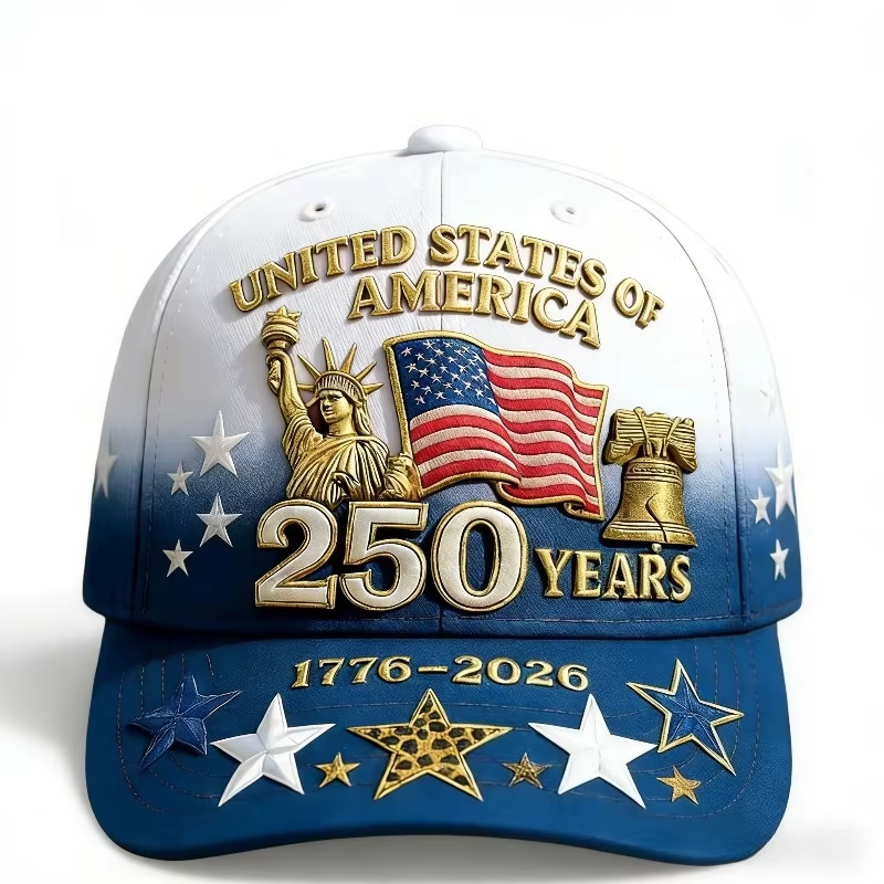 Gorra de béisbol impresa en 3D para el 250 aniversario, diseño patriótico de cobertura total con Estatua de la Libertad, Campana de la Libertad y cinco estrellas