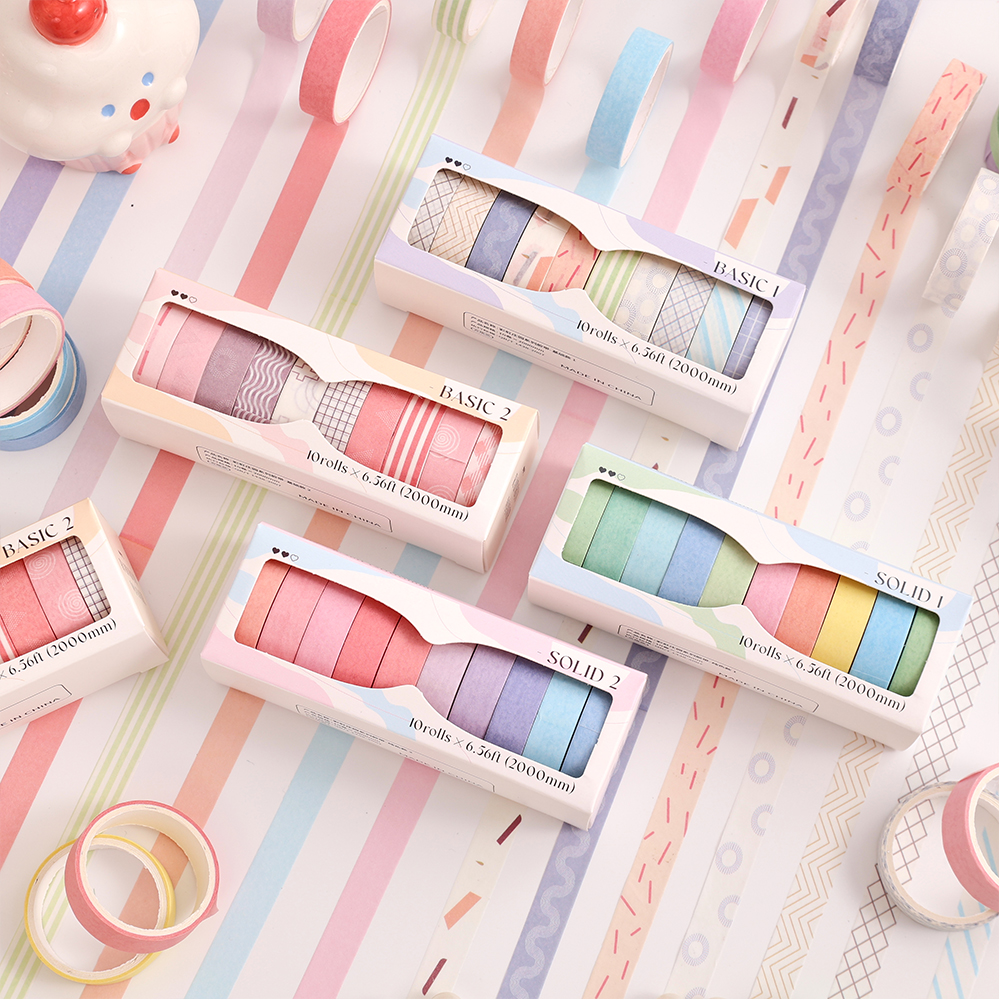 10 ม้วนสีสัน Slim สีทึบ Washi เทป DIY ตกแต่ง Masking เทปห่อ Scrapbooking Journaling Supplies