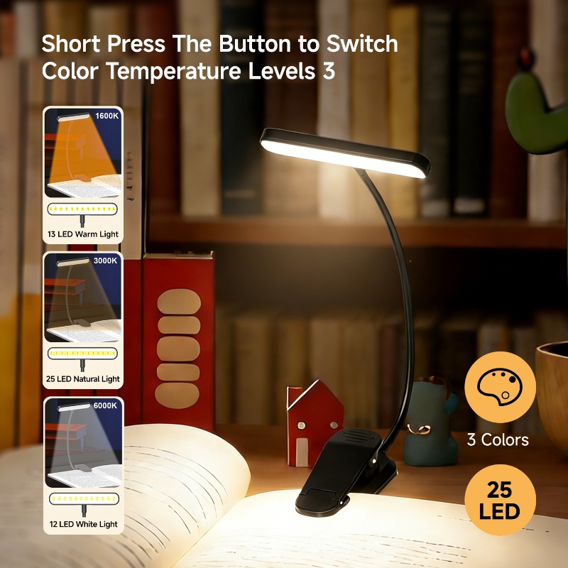 Lampe de lecture LED rechargeable à clipser, bras flexible réglable, 3 couleurs de lumière pour la lecture nocturne, l'étude, le travail au chevet ou sur le bureau