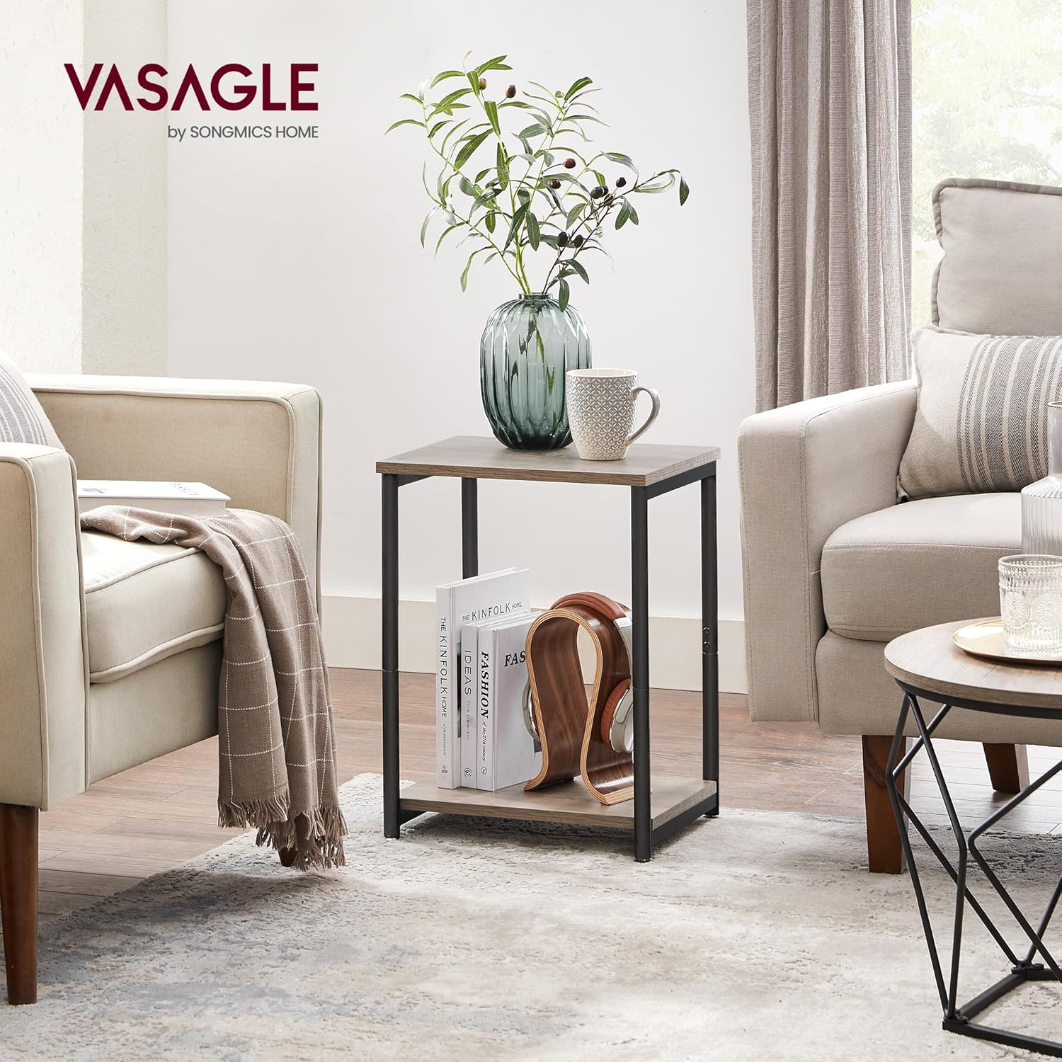 VASAGLE meja samping Sofa, Meja ujung 2 tingkat, meja samping tempat tidur dengan rangka baja, untuk ruang tamu, Kamar tidur, rumah kantor