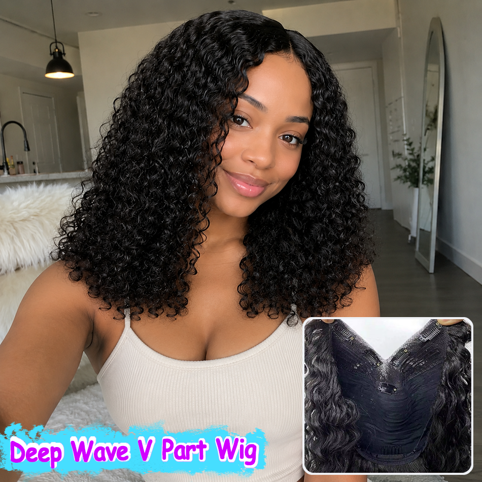 Peluca de Cabello Humano con Parte en V, Ondulada y Rizada, con Clip, Ondas de Agua, Color Natural para Mujeres Negras, 34-36 Pulgadas