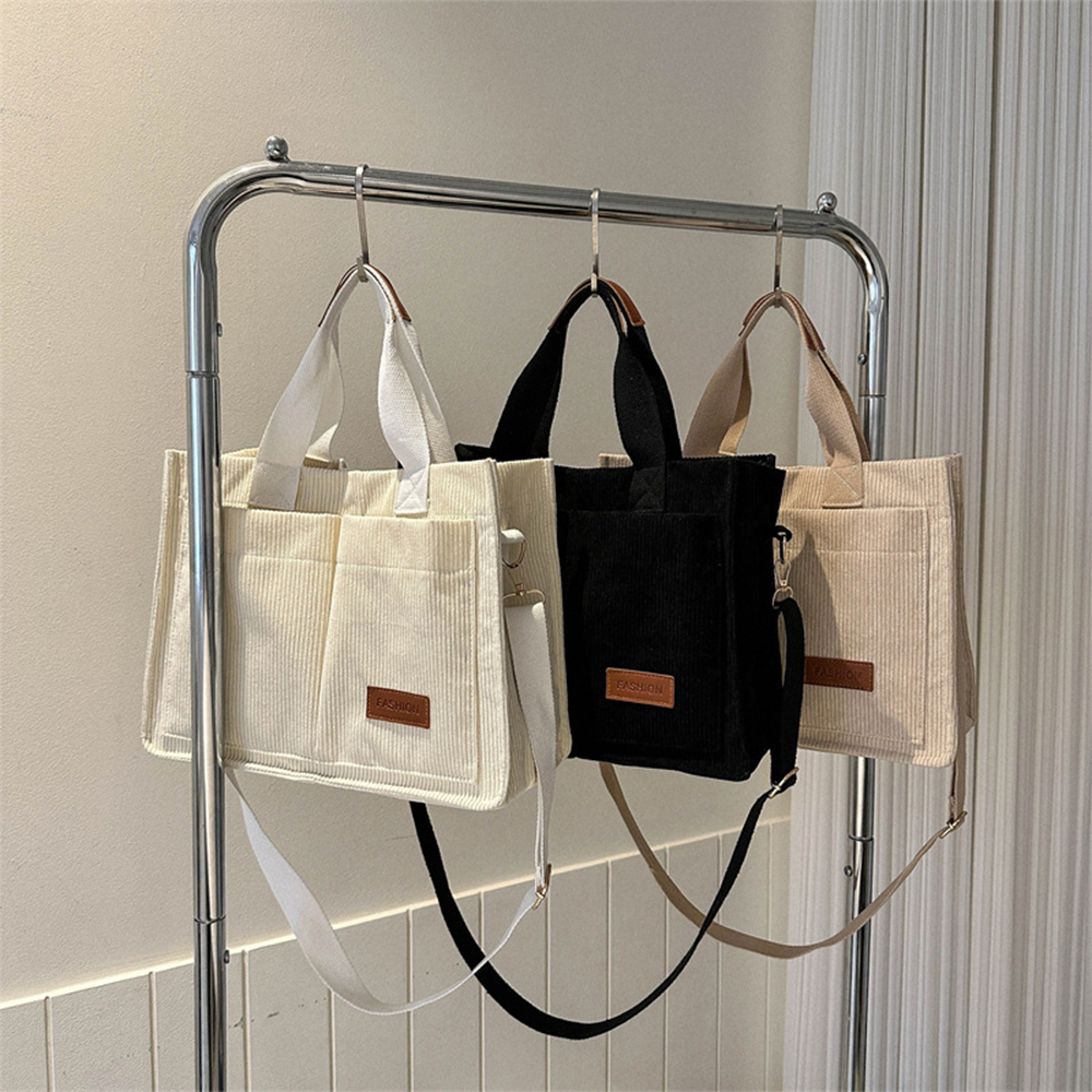 Borsa casual da donna alla moda, borsa tote in velluto a coste, borsa a tracolla con decorazione patch di lettere, borsa a tracolla multitasche-ll