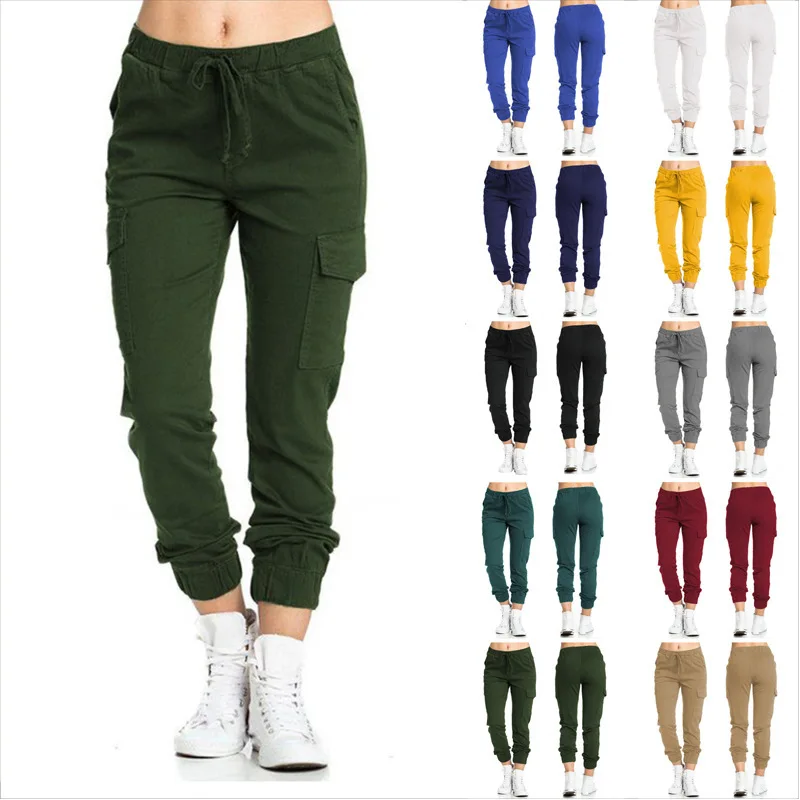 2022 novo sólido jogger calças de carga feminina multi-bolso cordão cintura elástica calças esportivas femininas streetwear casual calça longa