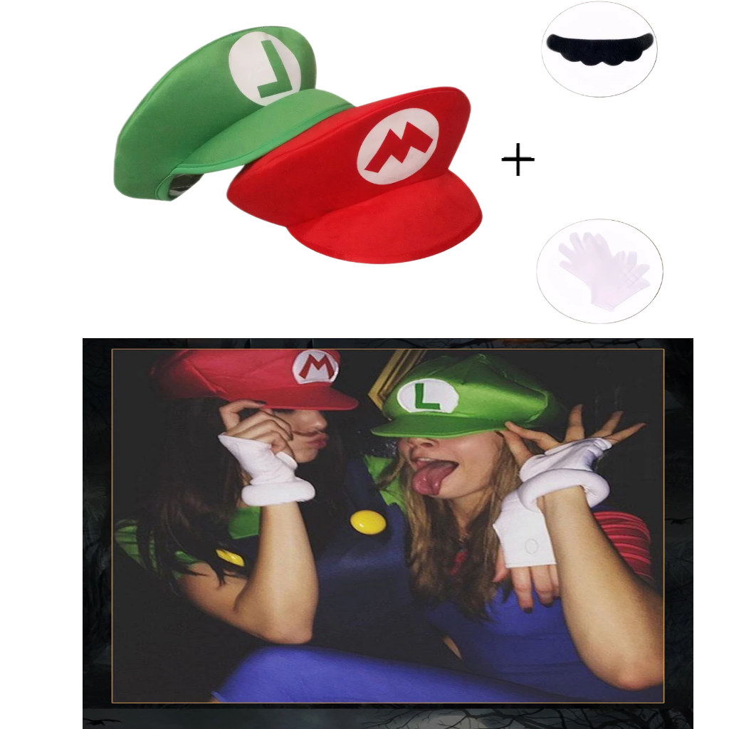 Halloween Luigi Super Bros. Chapéu verde vermelho dos desenhos animados com luvas barbudas decoram trajes de personagens de anime