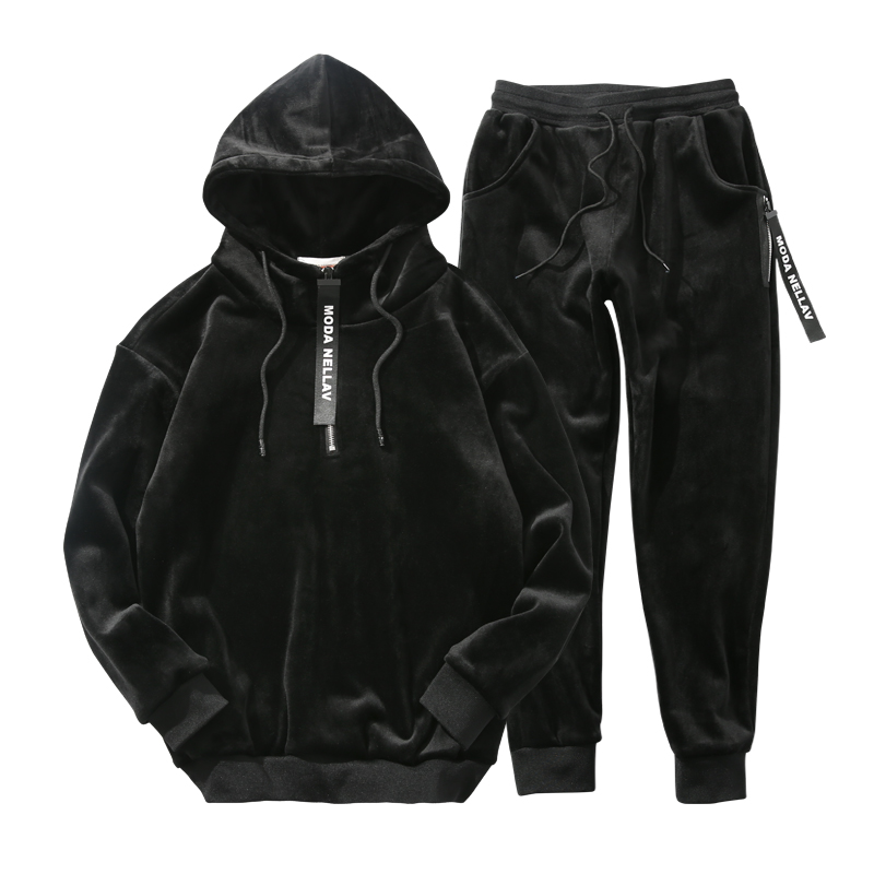 Sudaderas con capucha de doble cara para hombre con pantalones traje de invierno de terciopelo otoño nuevo ocio conjunto de terciopelo dorado chándal de dos piezas