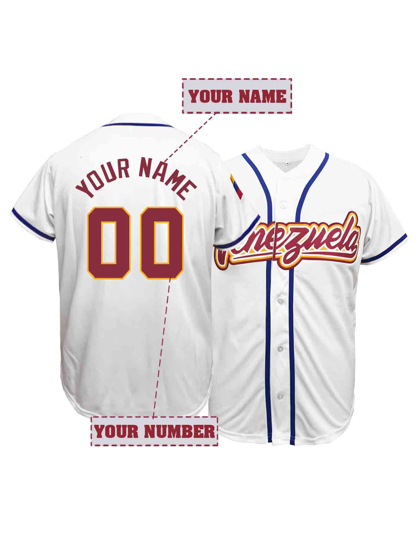 Op maat gemaakte naam en nummer heren geborduurde Venezuela honkbaltrui gepersonaliseerde korte mouwen ademende shirts heren kleding