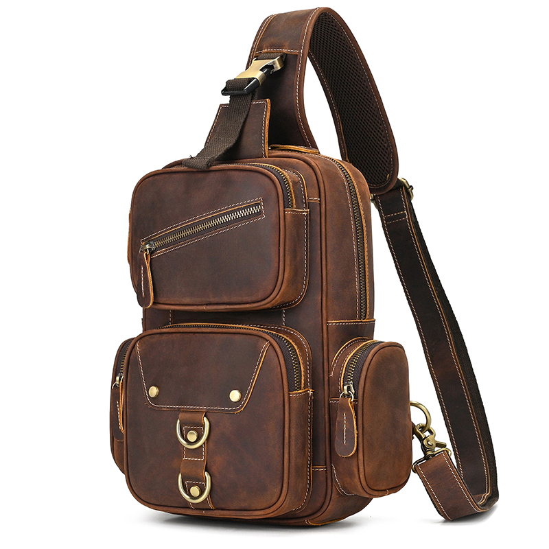 Grand sac de poitrine rétro en cuir pour hommes, couche de tête en cuir, sac à bandoulière grande capacité, sac d'équitation en plein air en cuir de cheval fou