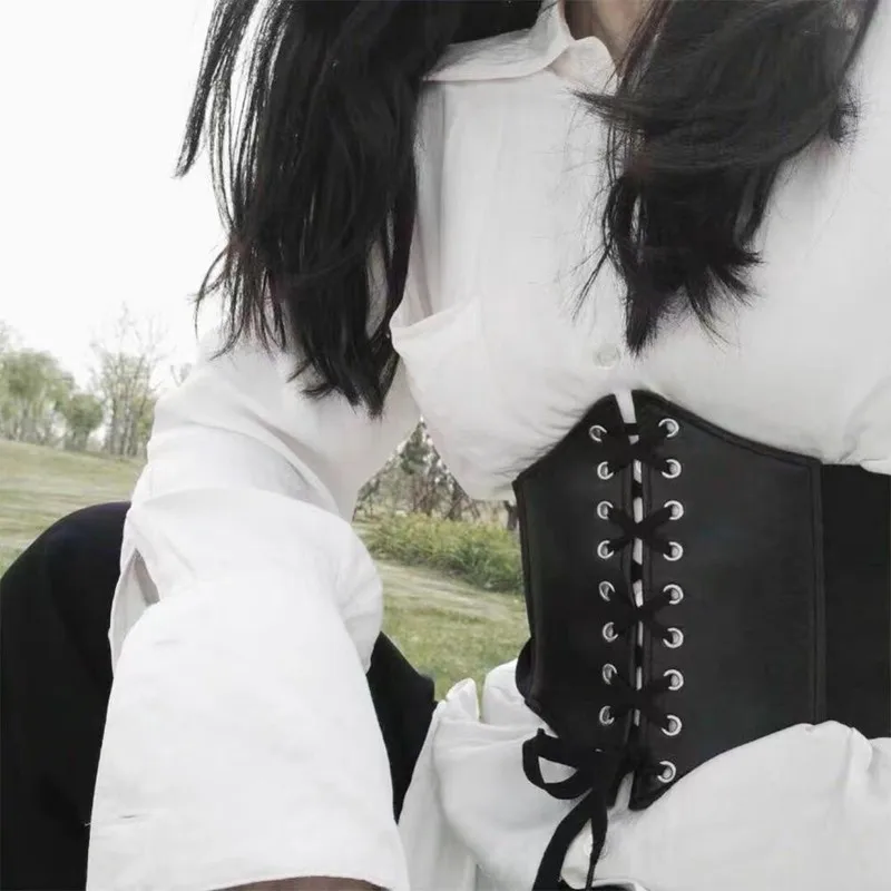 Sabuk Lebar Korset Lolita Gotik Ikat Pinggang Pelangsing Kulit Pu untuk Wanita Sabuk Pinggang Elastis Seksi Keco Ceinture Femme Fajas