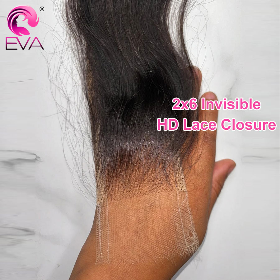 ผมแท้ Eva Hair 2x6 HD Lace Closure แบบใส HD Lace Melt Skins พร้อมถอนขนแล้ว 6 นิ้ว แสกกลาง สีดำธรรมชาติ