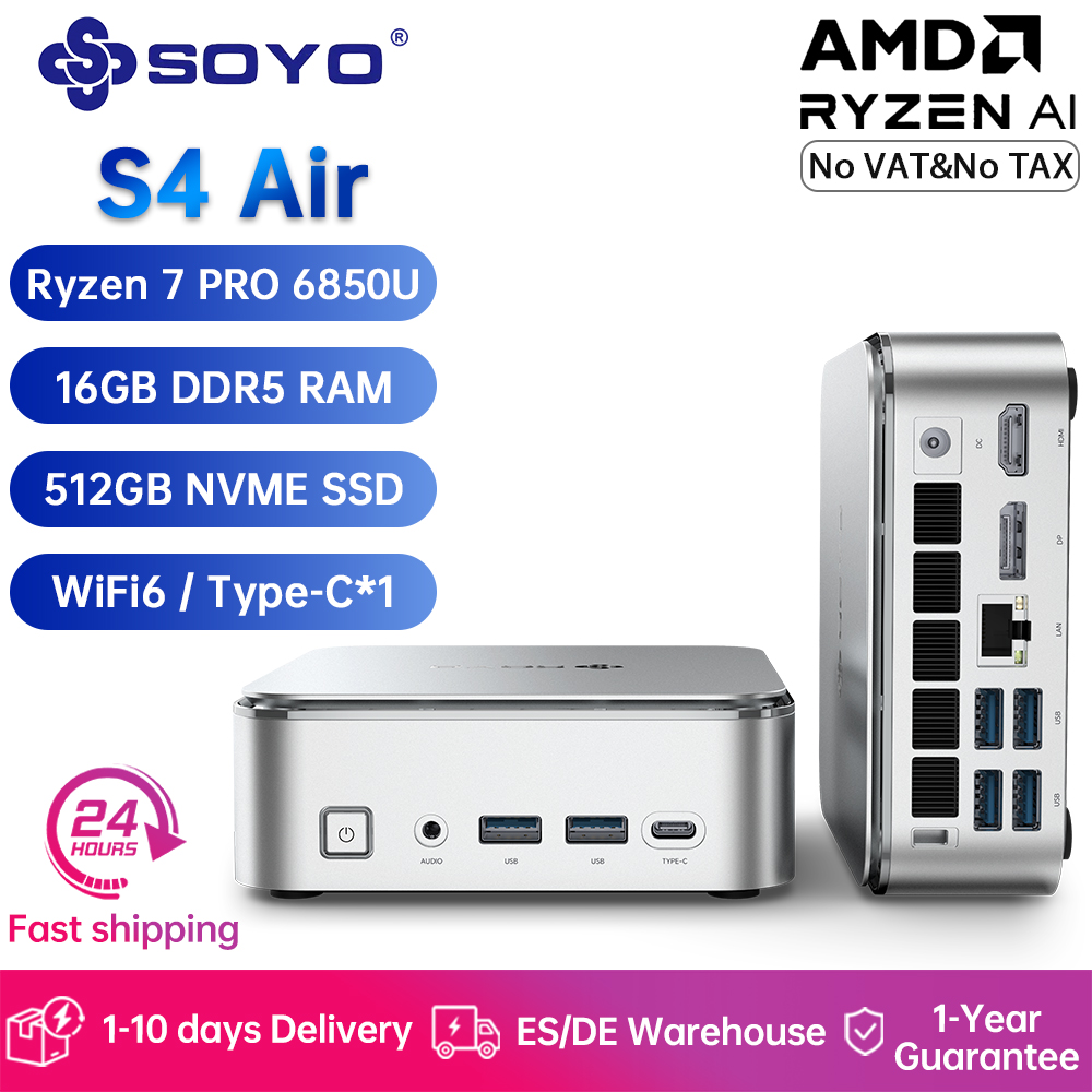 SOYO S4 Air Mini PC Gaming Computer AMD R7-6850U CPU 16GB DDR5 512GB SSD NVME PCIE3.0 Venster 11 Pro WiFi6/BT5.2 Mini Computer