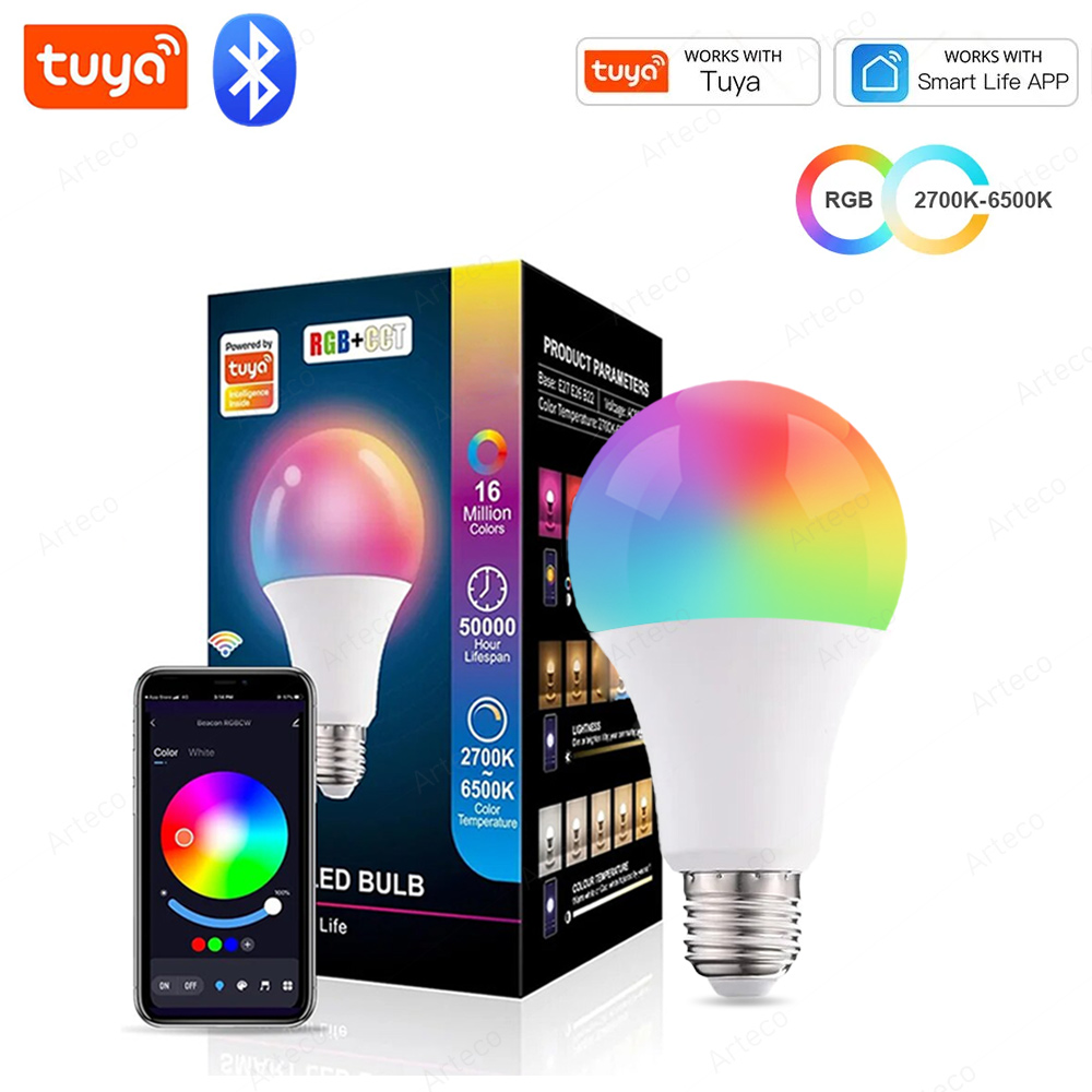 Bluetooth スマート LED 電球 Tuya 電球 AC 85-265V 調光可能なスポットライト電球 15 ワット E27 RGB + CW + WW LED 色変更ランプ家庭用