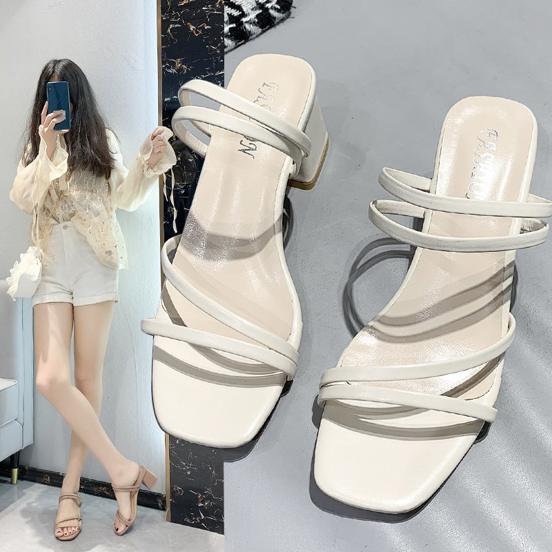 Frauen Sandalen Damen Quadratische Absätze Elegante Sommer Hausschuhe Außerhalb Kreuz Gebunden Leder Weibliche Slides 2025, Mode Frau Sandalen