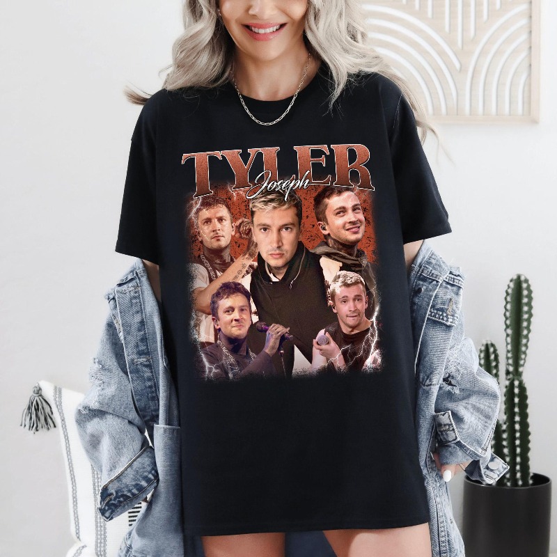Koszulka damska z nadrukiem retro portretu Tylera Josepha, motyw piosenkarza, top na wiosnę/lato, czysta bawełna, unisex, krótki rękaw.
