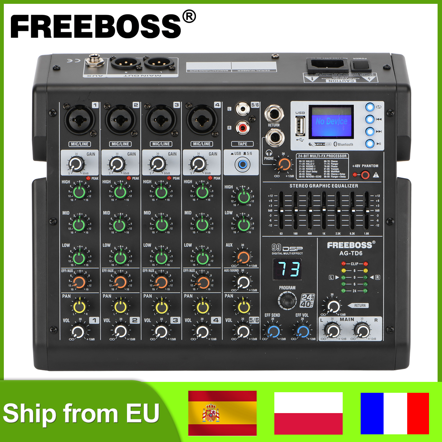 Freeboss เครื่องเล่นแผ่นเสียงมิกซ์เสียง Eq, เครื่องเล่นมิกซ์เสียง Eq 7แบนด์มี6ช่องบลูทูธ USB บันทึกการเล่น AG-TD6มิกซ์เสียงสำหรับดีเจสตูดิโอคาราโอเกะ