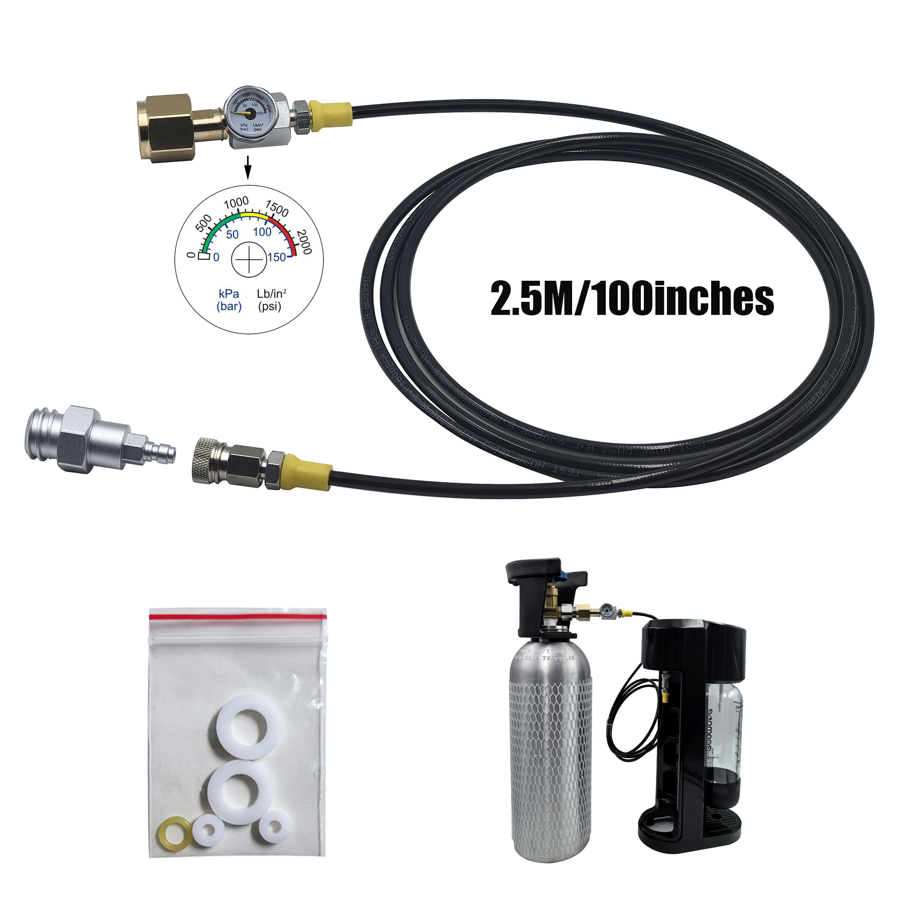 External CO2 Tank Adapter Kit Quick Disconnect Connector W21.8-14 G3/4 CGA320 for Soda Maker Accessories with hose 100inch/2.5M