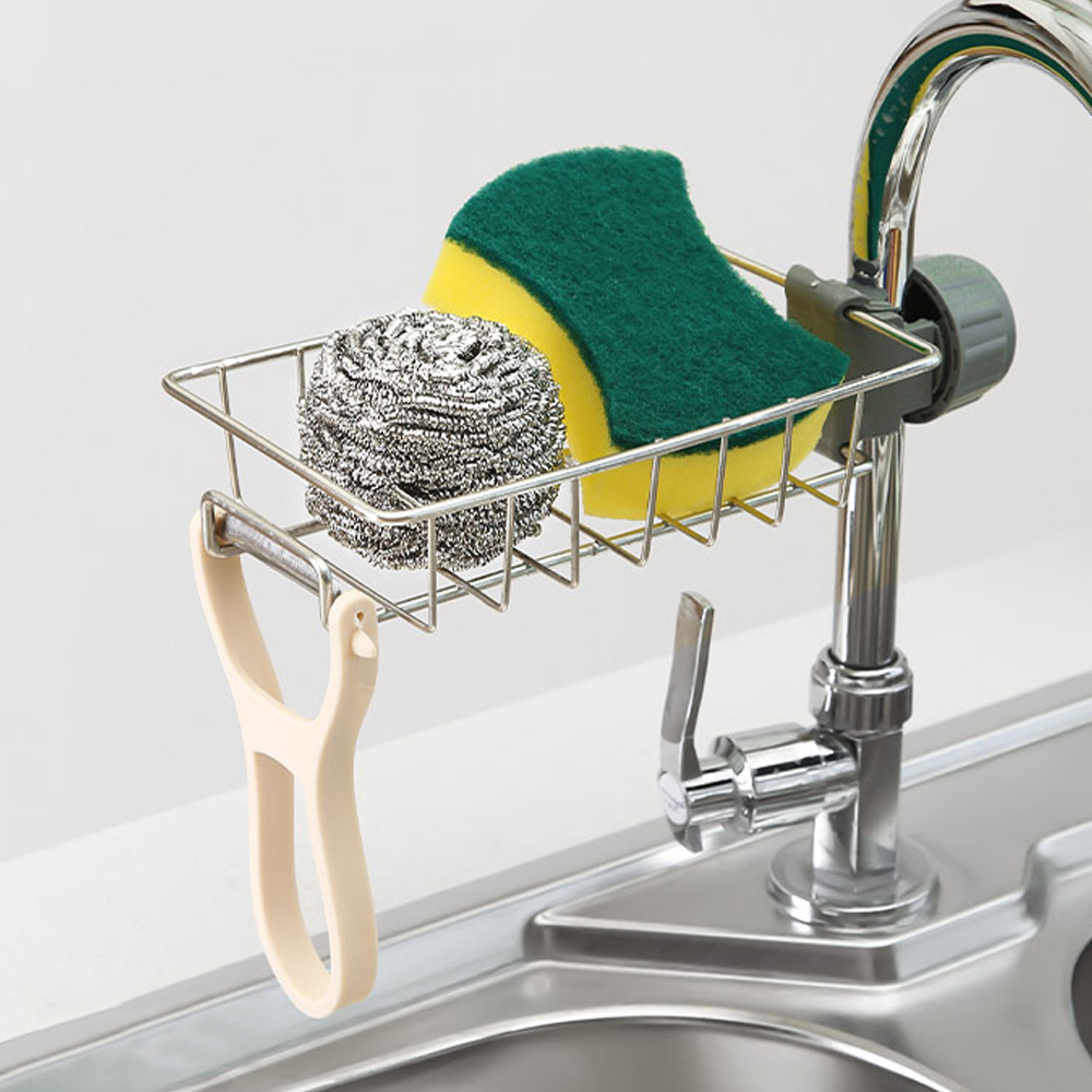 Hängendes Wasserhahnregal, höhenverstellbar, flexibel und drehbar, Abflusshalter für Küchenspüle, geeignet für Seifenschwämme, Bürsten