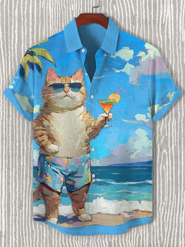 Camisas de manga corta con tema de gato de Anime de dibujos animados Retro de verano para hombre, camisetas de manga corta, ropa de calle informal de moda para vacaciones, camisas para hombre