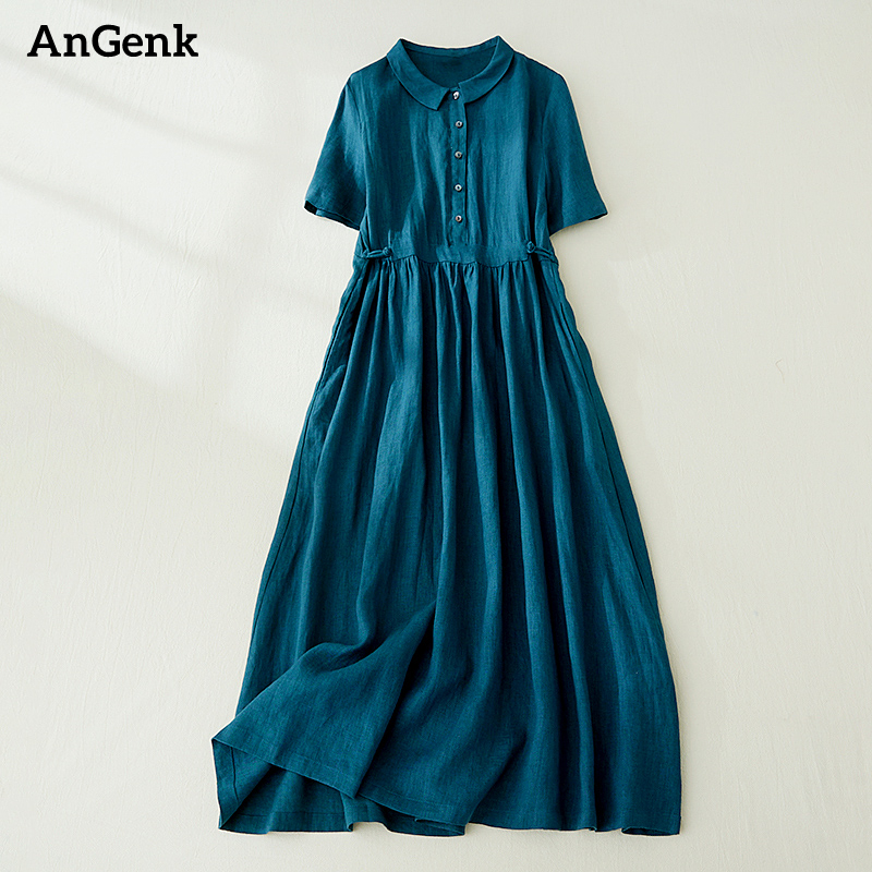 Cotton Short Sleeve Vintage Solid Color Dresses For Women 2026 New Summer Casual Long Holiday Dress Femme Robe Elegant Clothing