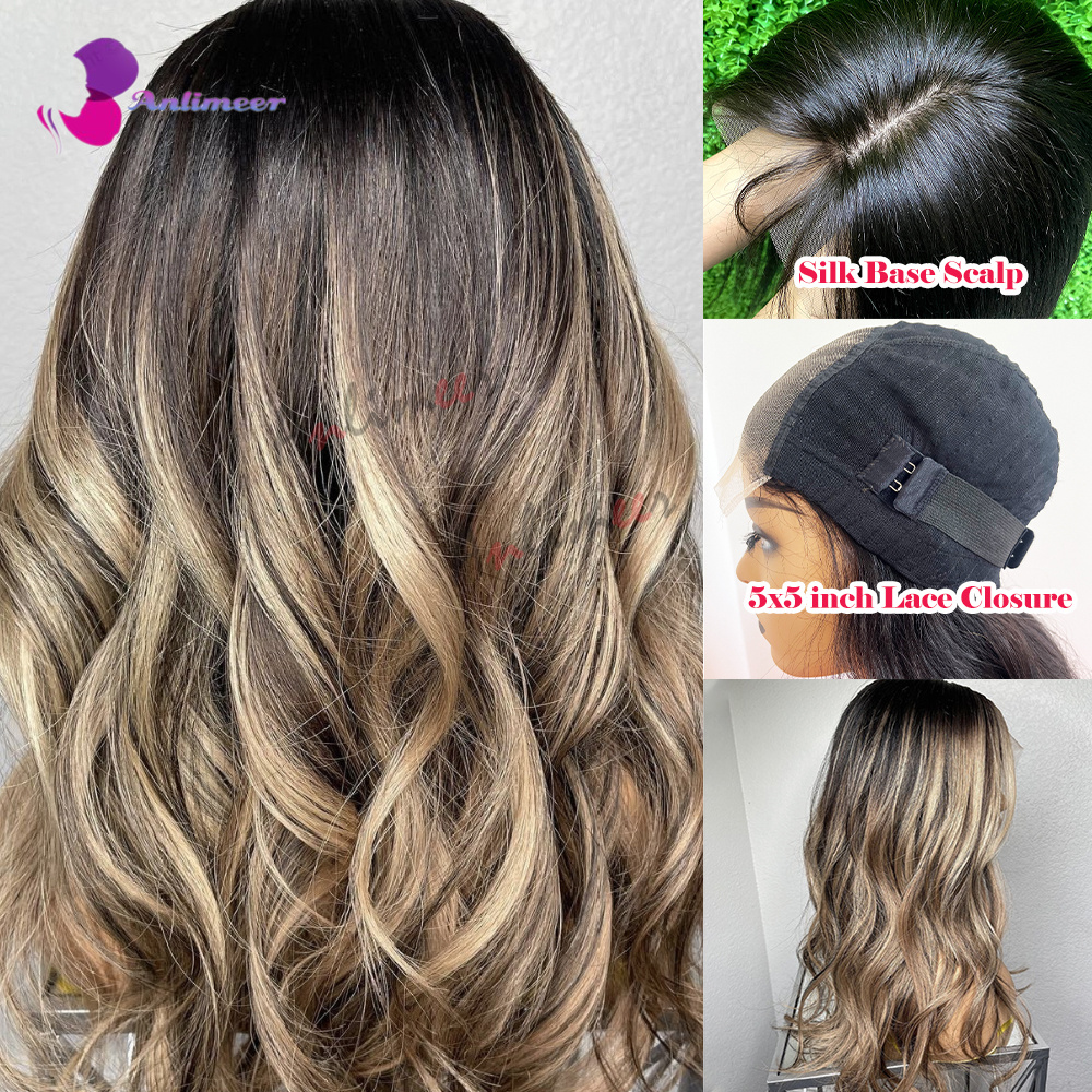 Pelucas de Cabello Humano con Encaje Frontal, Pre-desplumadas, Nudos Decolorados, con Reflejos Rubios Claros, Ondas Corporales, Pelucas Frontales de Cabello Humano con Encaje 360