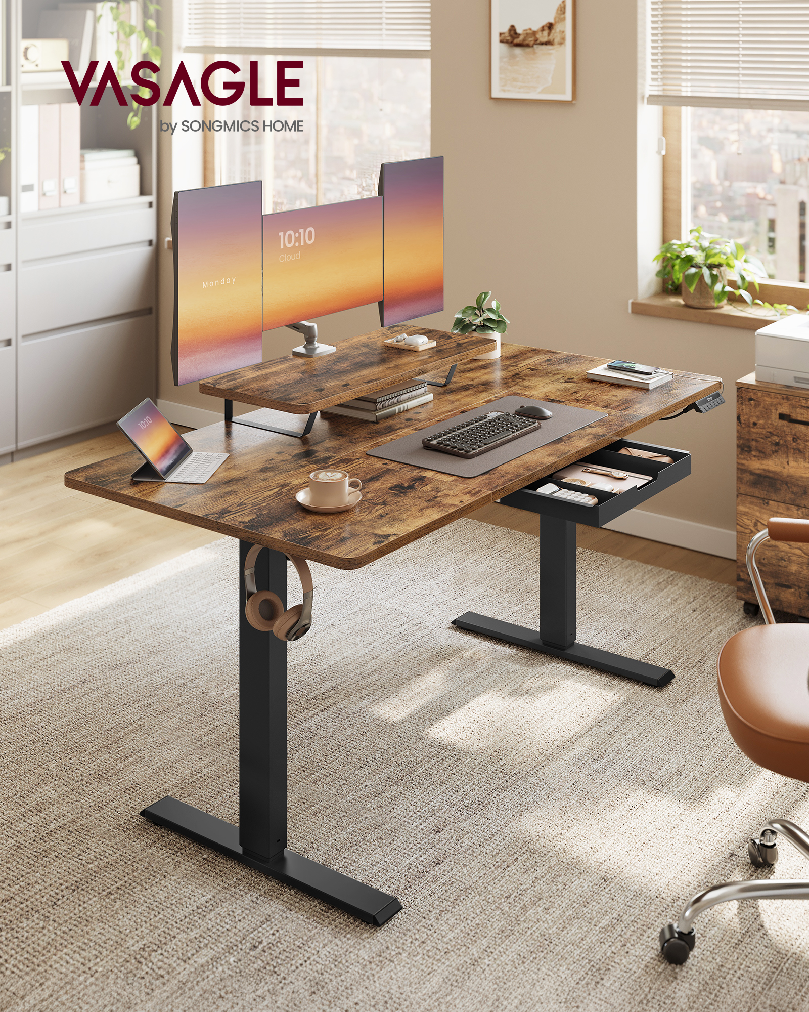 VASAGLE Höhenverstellbarer Schreibtisch, flexibel montierbarer Monitorständer, Schublade, Erinnerung bei langem Sitzen, für Büro