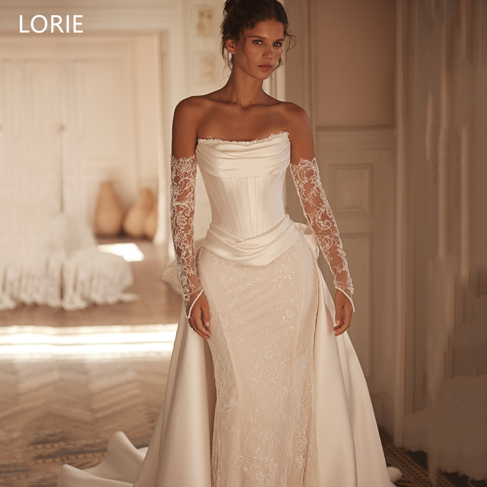 Vestido de Novia de Satén Exquisito LORIE con Pliegues, Sin Tirantes, Cintura Ajustada, Encaje, Cola Desmontable con Lazo, Corte A, Personalizable