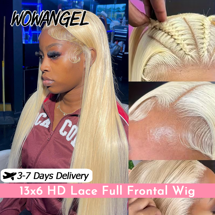 WOWANGEL Peruca de Cabelo Humano Loiro 613 de 34 polegadas, com Renda HD 13x6, Pré-arrancada, Lisa, Peruca Frontal Completa HD 13x6, Sem Cola, Pronta para Usar