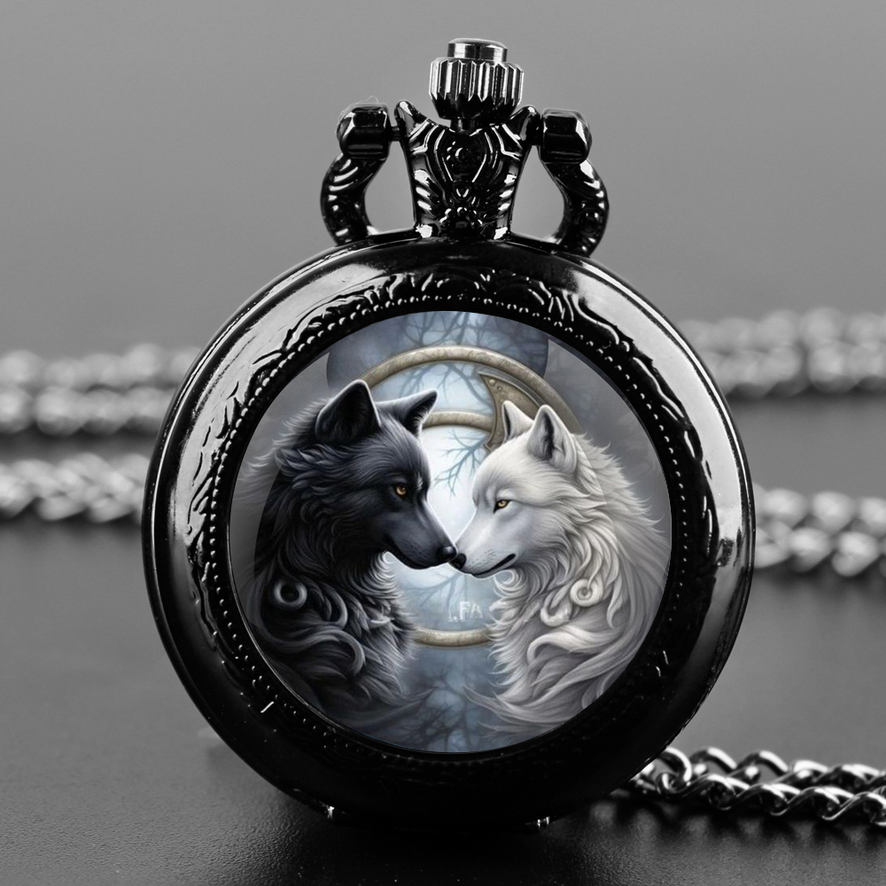 Relógio de bolso de quartzo com cúpula de vidro, design de lobos preto e branco com corrente durável, mostrador de numeral árabe para homens e mulheres, presentes criativos