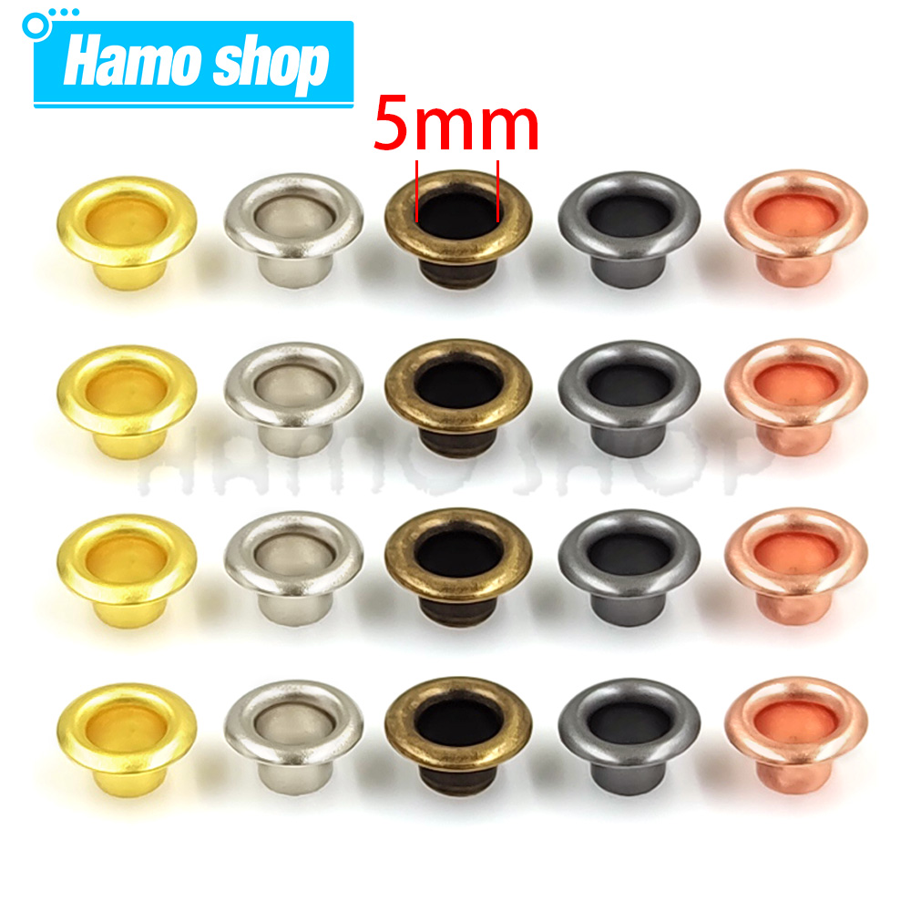 100 juegos de ojal de Metal de 5mm con arandela, anillos redondos para reparación de artesanía de cuero, zapatos, bolsa, ropa, cinturón, accesorios para sombreros