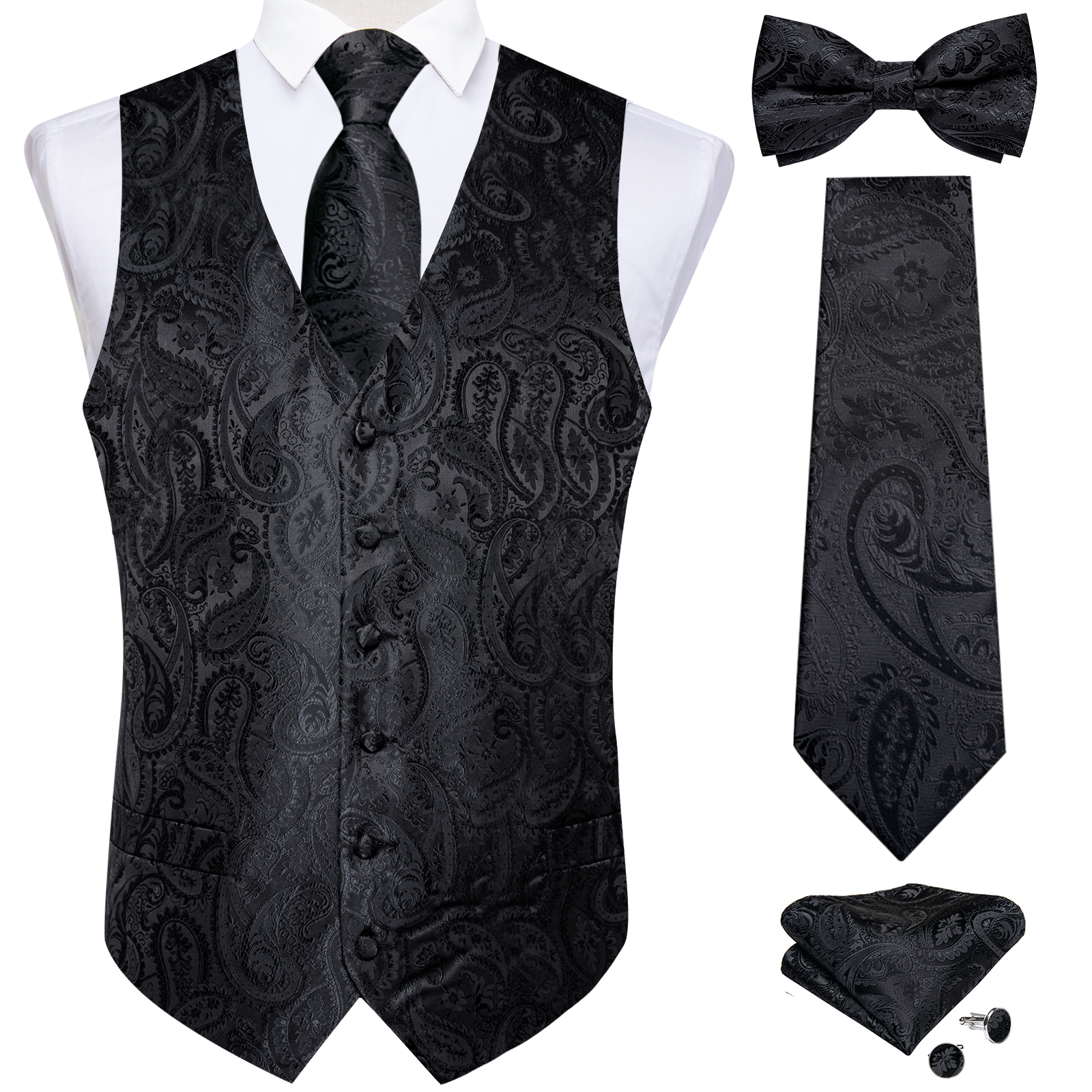 Mężczyźni klasyczne czarne Paisley zestaw kamizelek na wesele moda biznesowa V-neck kamizelka mężczyźni krawat muszka chusteczka spinki