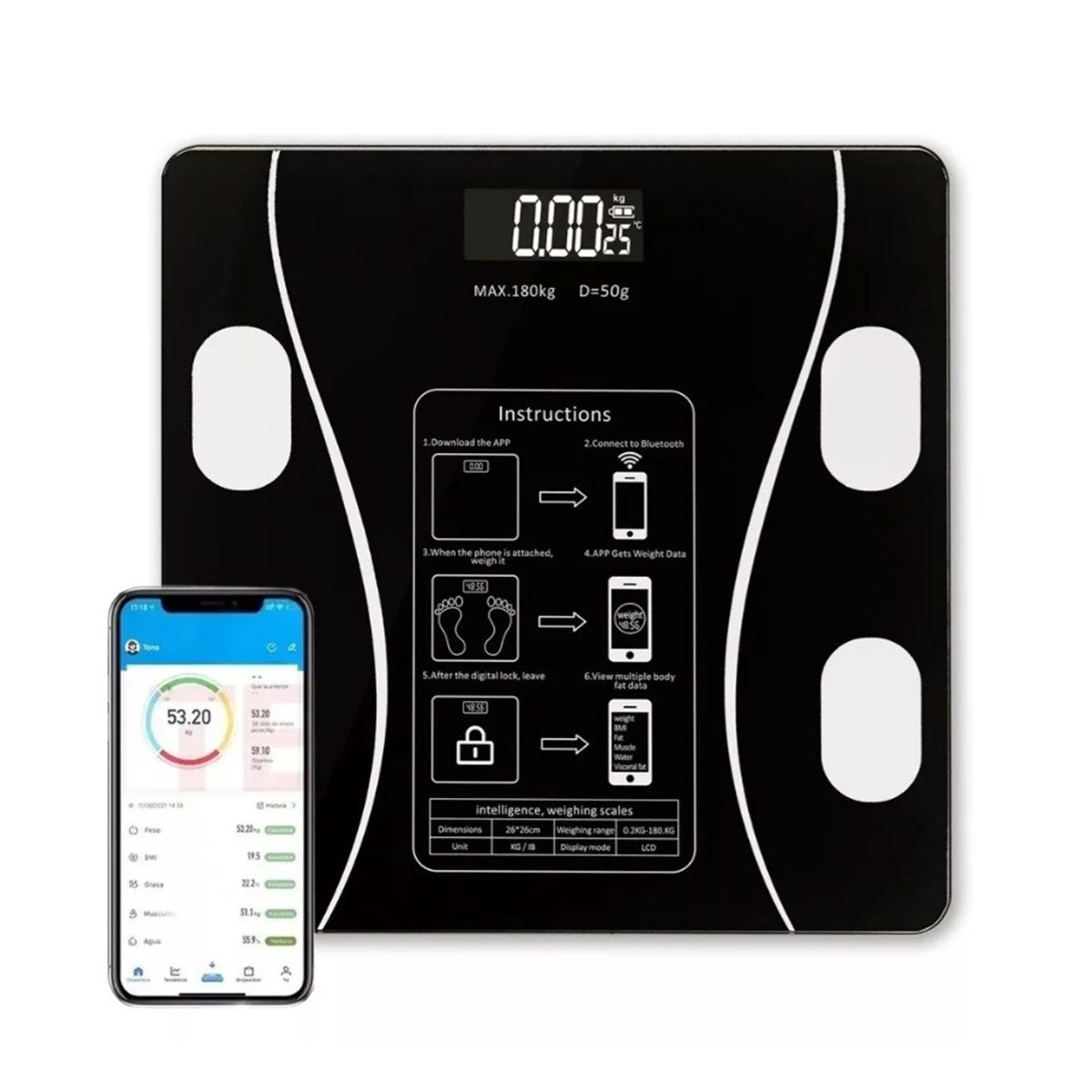 Báscula inteligente de grasa corporal con Pantalla LED - báscula de baño digital con bluetooth, medición precisa de la composición corporal, masa muscular, IMC y análisis de agua corporal
