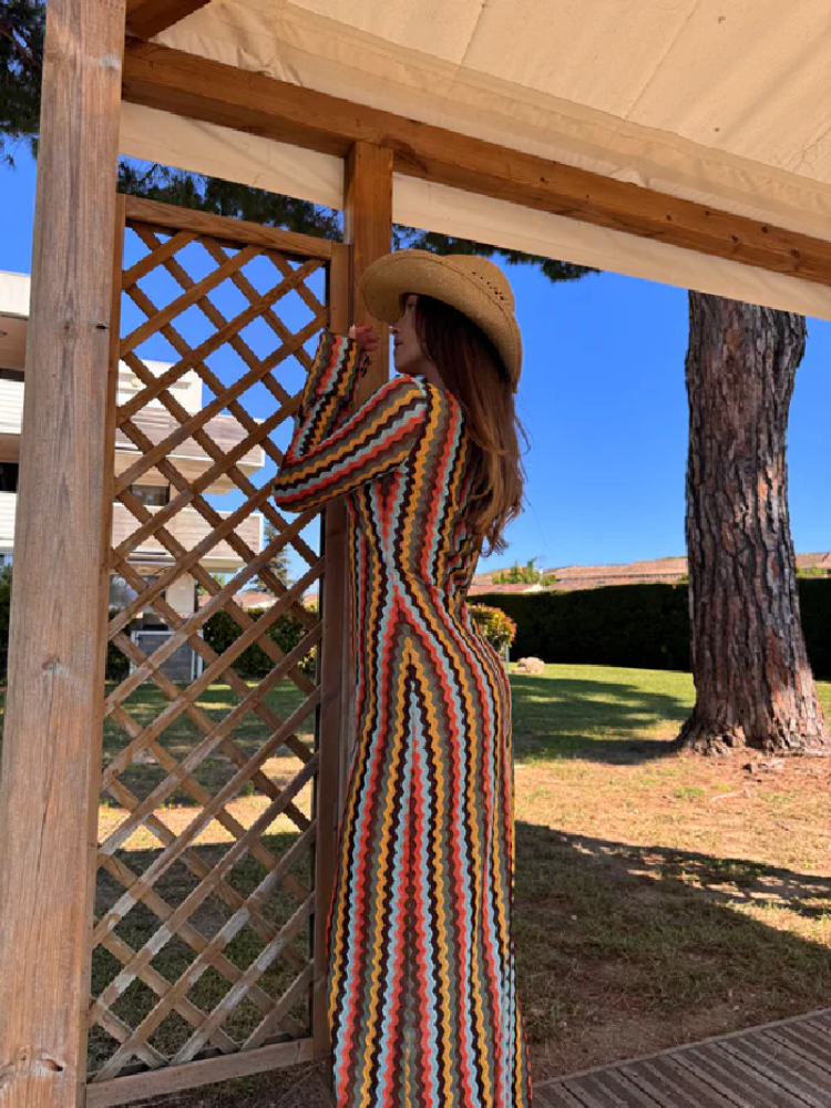 Robe longue de soirée en tricot rayé coloré pour femmes, robe moulante sexy à col en V profond, robe élégante pour la plage, les soirées et les vacances