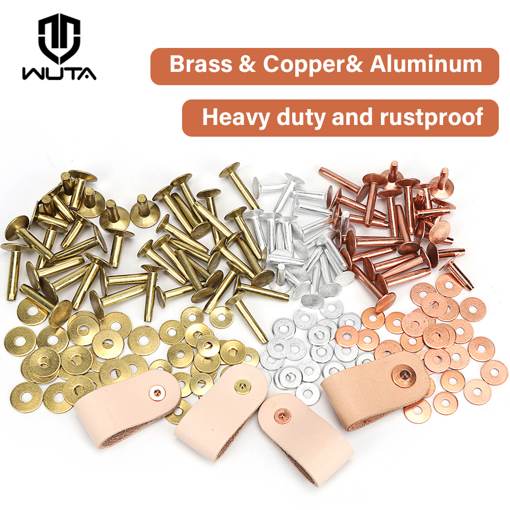 WUTA 50/100 Conjunto de rebites de latão sólido com rebarbas, rebites de cobre, pinos de rebite de alumínio, fixadores de tachas permanentes, acessórios de artesanato de couro faça você mesmo para cintos, freios