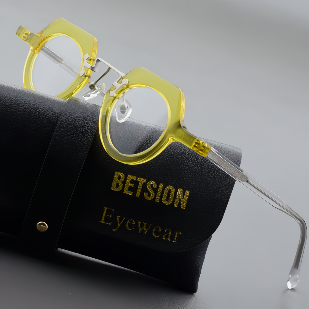 BETSION Montatura per Occhiali Vintage Rotonda in Acetato, Montatura Trendy per Uomo e Donna, Lenti Trasparenti # 76810