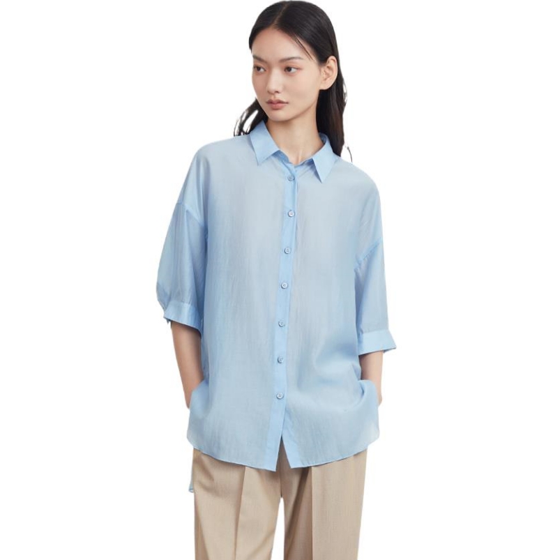 Summer Rayon New Women's Turn-down Collar Shirts Three Quarter Sleeves Fresh Blue Solid Temperament Office Lady Casual Blouses