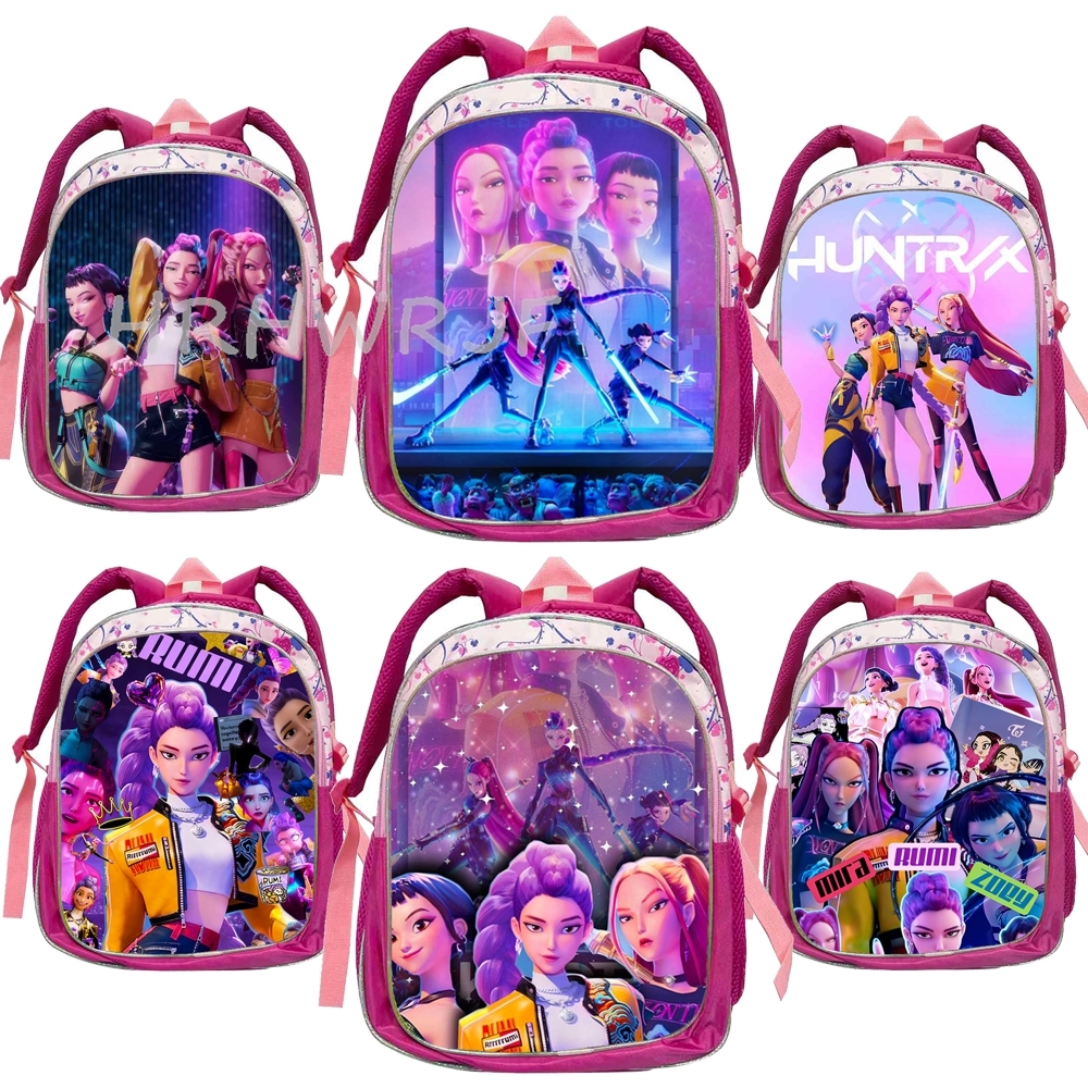 Рюкзак KPop Demon Hunters Pink Princess Kids Rumi Mira Zoey HUNTR/X Saja, милый школьный рюкзак для девочек, 12 дюймов