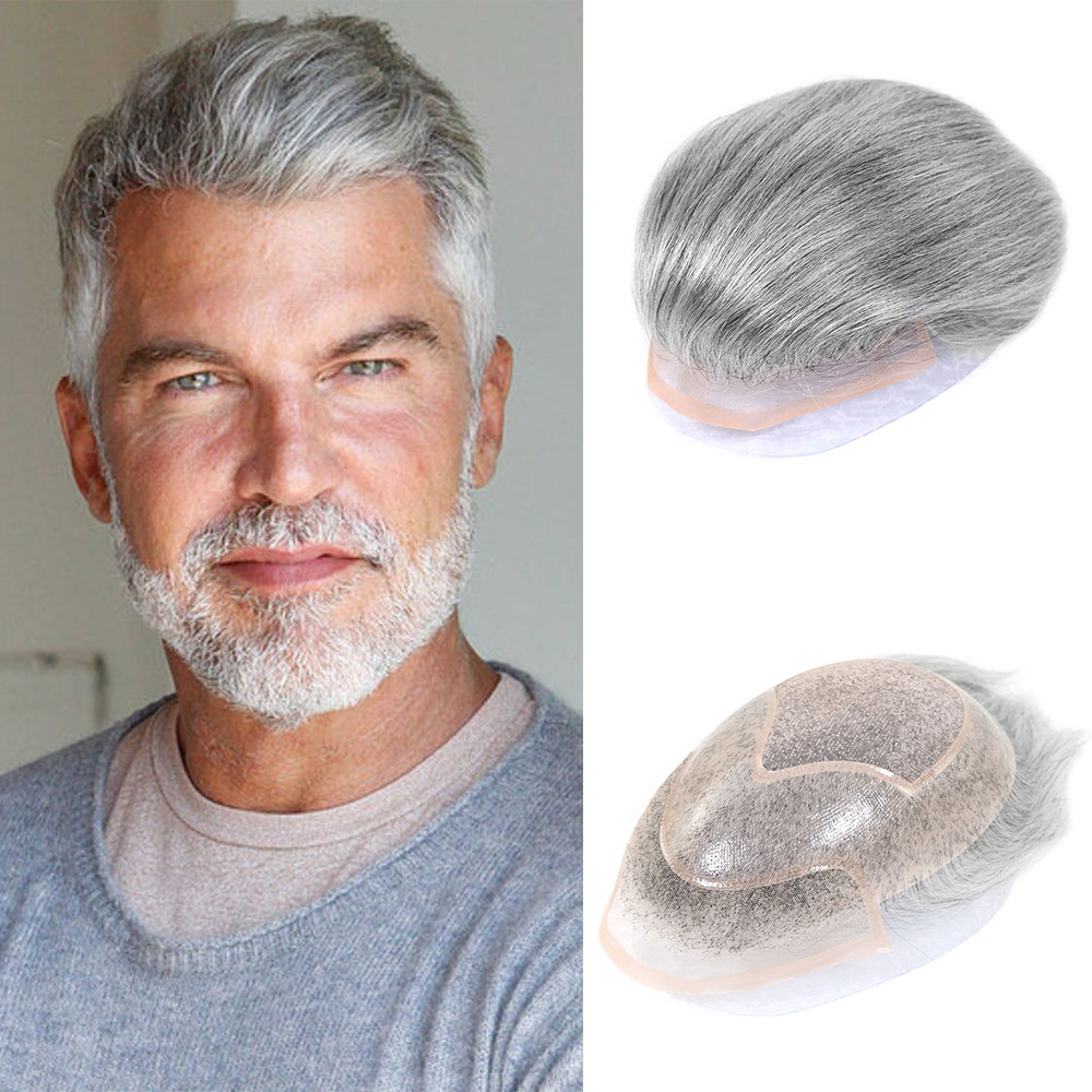 Prótesis Capilar Masculina Gris 6x8 6x9 7x9 7x10 de Cabello Humano, Sistema de Reemplazo de Peluca para Hombre con Base Mono PU y Encaje Frontal