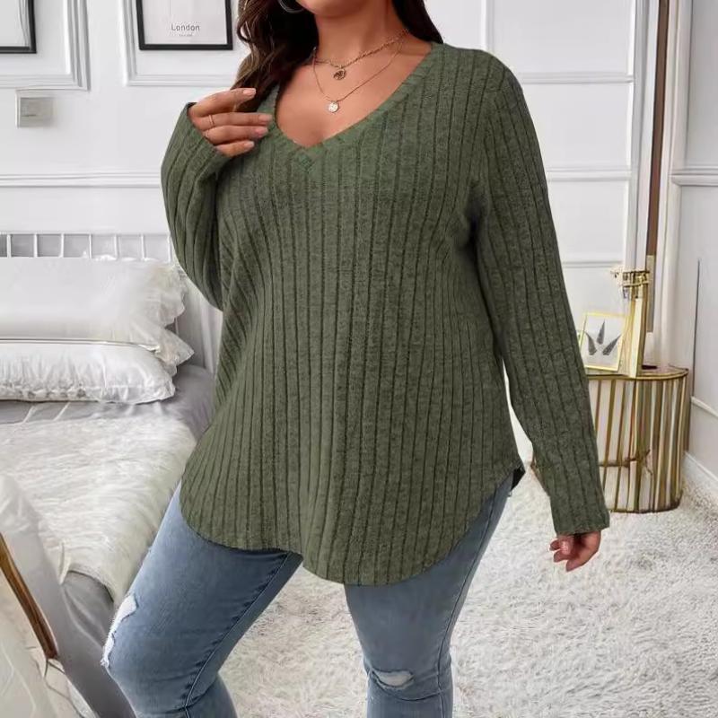 Ropa de talla grande para mujer, camiseta de manga larga, moda informal, jersey a rayas con cuello de pico, camisetas holgadas lisas para mujer 1XL-5XL