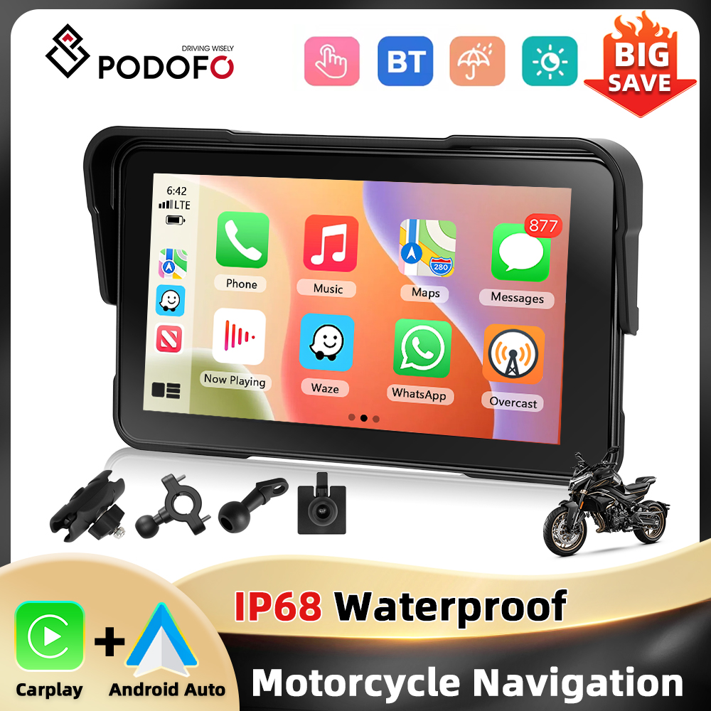 Podofo 5'' Motorrad-Monitor Carplay Android Auto IP68 Wasserdichter BT Smart Screen Player Helligkeitseinstellung Motorrad-Player