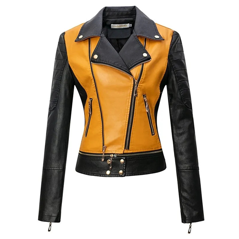 Chaqueta de cuero lavada para mujer, ropa de trabajo informal ajustada para exteriores, abrigo de cuero PU, chaquetas de manga corta y larga con cremallera Yello