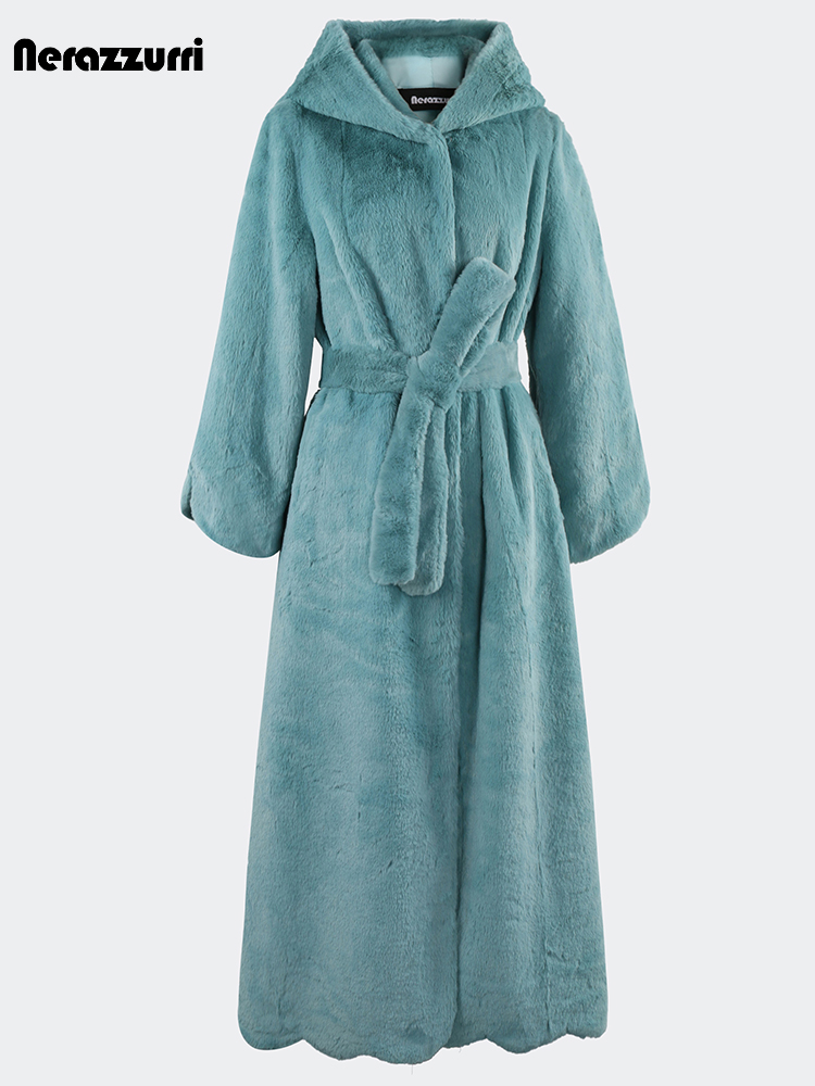 Nerazzurri-Manteau en Fausse Fourrure de Lapin Rex pour Femme, Extra Long, Luxe, Optique Élégante, Chaud, Noir, Doux, Moelleux, Ceintures à Capuche, Automne, Hiver