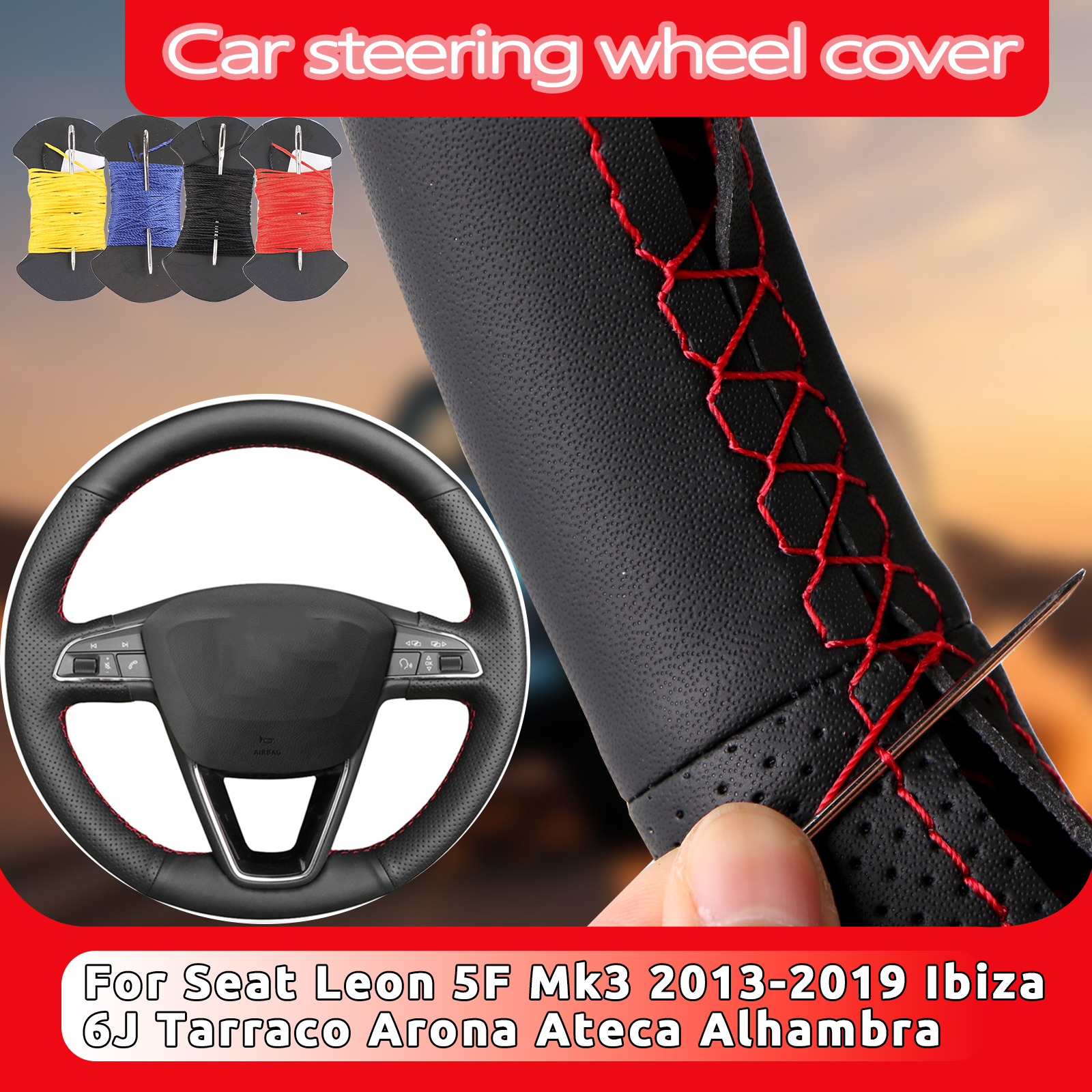 Pokrowiec na kierownicę Seat Leon 5F Mk3 2013-2019 Ibiza 6J Tarraco Arona Ateca Alhambra ze skóry mikrofibry Auto Accessorie