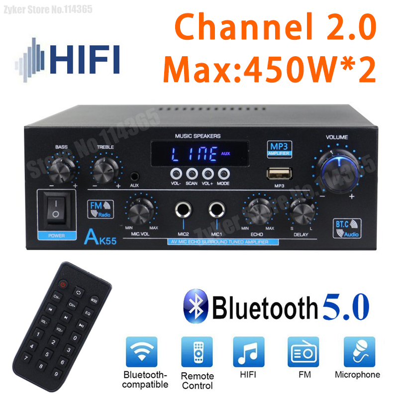 Amplificateur audio HiFi AK55, Max 900W, Amplificateurs de son Bluetooth numériques, Canal 2.0, Prise en charge des touristes, Micro, Fibre, Entrées coaxiales, Radio FM
