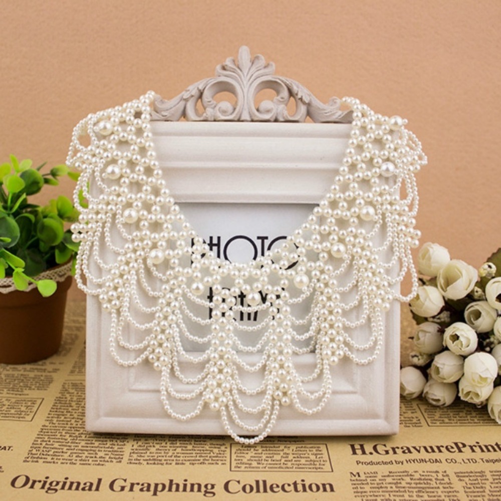 Collar de encaje con cuentas de perlas, cintas, Collar de mujer, joyería para ropa, vestido de novia