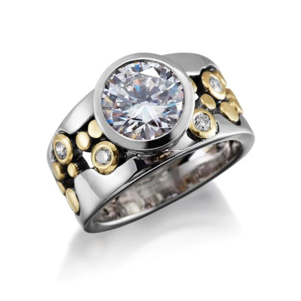 Huitan Cincin Wanita Desain Dua Warna Bertatahkan Bulat Kubik Zirkon Berongga Desain Pita Lebar Cincin Wanita untuk Pesta Perhiasan Mode