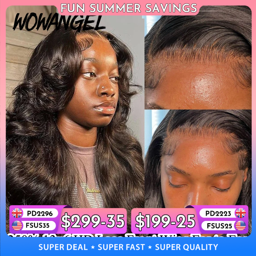 Wow Angel 250% 13X6 HD Wig Renda Depan Swiss Renda Kulit Meleleh Pra Pencabutan Kulit Kepala Alami Gelombang Tubuh Wig Rambut Manusia untuk Wanita Tanpa Lem