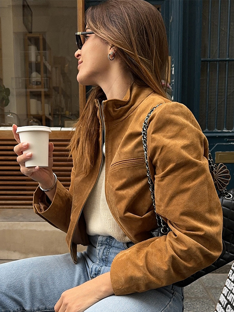 Stehkragen Wildleder Zipper Kurze Jacken Frauen Beiläufige Dünne Braune Lange Ärmeln Jacke Weiblichen Frühling Chic Täglichen Stil Outwear Tops